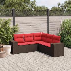 Ensemble de canap&eacute; de jardin 5 pcs avec coussins marron r&eacute;sine tress&eacute;e