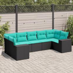 Salon de jardin 7 pcs avec coussins noir r&eacute;sine tress&eacute;e