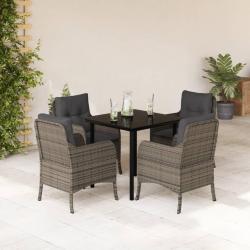Ensemble &agrave; manger de jardin 5 pcs coussins gris r&eacute;sine tress&eacute;e