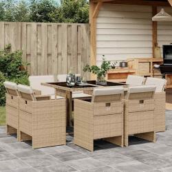 Ensemble &agrave; manger de jardin et coussins 9 pcs beige Poly rotin