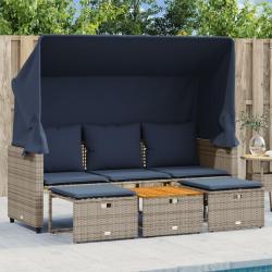Canap&eacute; de jardin 3 places avec auvent et poufs gris r&eacute;sine tress&eacute;e