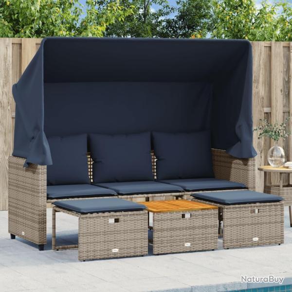 Canap� de jardin 3 places avec auvent et poufs gris r�sine tress�e