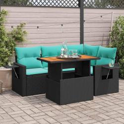 Salon de jardin 5 pcs avec coussins noir r&eacute;sine tress&eacute;e