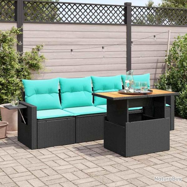 Salon de jardin 5 pcs avec coussins noir r�sine tress�e