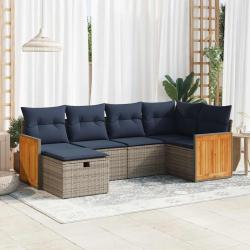 Salon de jardin 6 pcs avec coussins gris r&eacute;sine tress&eacute;e