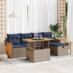 Salon de jardin avec coussins 6 pcs gris r&eacute;sine tress&eacute;e acacia