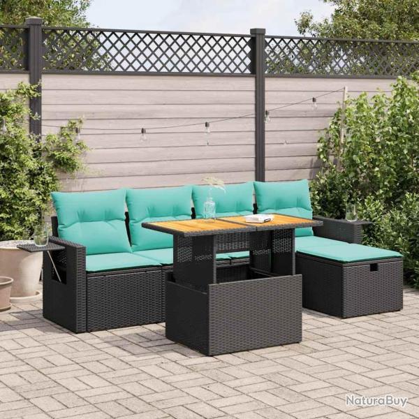 Salon de jardin 6 pcs avec coussins noir r�sine tress�e acacia