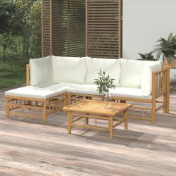 Salon de jardin 5 pcs avec coussins blanc cr&egrave;me bambou