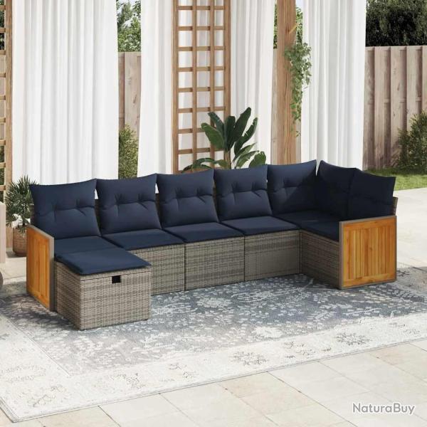 Salon de jardin avec coussins 7 pcs gris r�sine tress�e