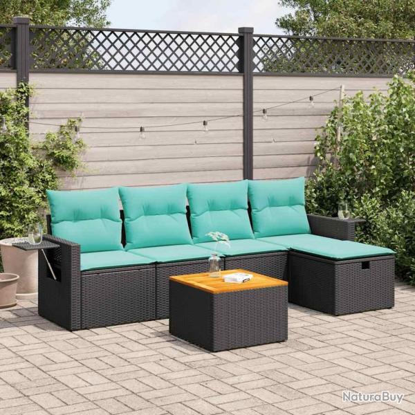 Salon de jardin 6 pcs avec coussins noir r�sine tress�e
