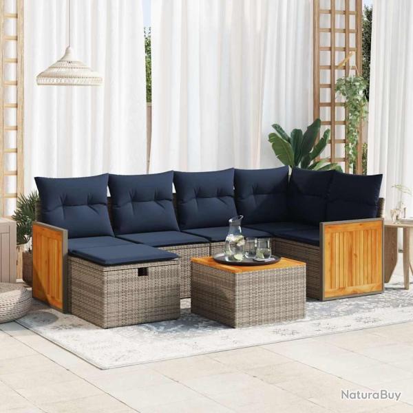Salon de jardin avec coussins 7 pcs gris r�sine tress�e