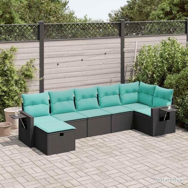 Salon de jardin 7 pcs avec coussins noir r�sine tress�e