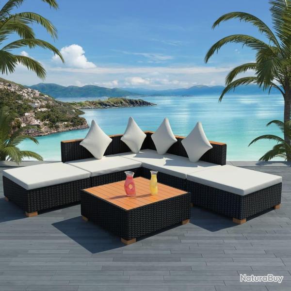 Salon de jardin 6 pcs avec coussins r�sine tress�e noir