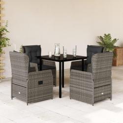 Ensemble &agrave; manger de jardin 5 pcs coussins gris r&eacute;sine tress&eacute;e