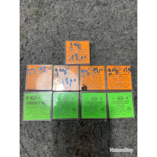 Lot de munitions cal 8mmK 4 boites de 10 cartouches a blanc et 5 boites de 10 cartouches a gaz