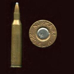 .220 Swift - marquage = NORMA Re .220 Swift - balle cuivre pointe plomb - &eacute;tui laiton 55.7 mm