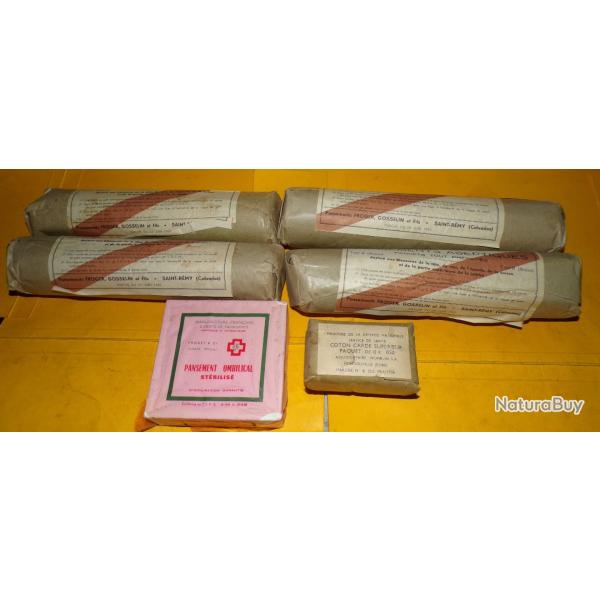 LOT DE 6 ARTICLES DU SERVICE DE SANTE COMPRENANT 4 PANSEMENTS ASEPTIQUES DE 1956 + 1 COTON CARDE DE