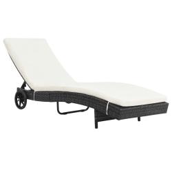 Chaise longue avec roues et coussin R&eacute;sine tress&eacute;e Noir