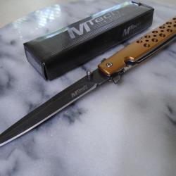 Couteau Stiletto Tactical Urban MTech O/A Lame Spear Point Acier 3Cr13MoV Manche Alu Gold 42gd