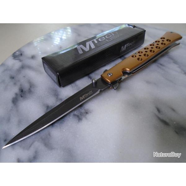 Couteau Stiletto Tactical Urban MTech O/A Lame Spear Point Acier 3Cr13MoV Manche Alu Gold 42gd