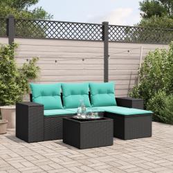 Ensemble de canap&eacute; de jardin 5 pcs avec coussins noir r&eacute;sine tress&eacute;e