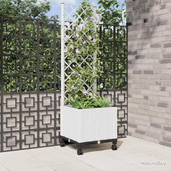 Bac de jardin avec treillis et roues Blanc 40 x 40 x 146 cm PP