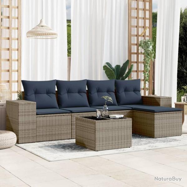 Ensemble de canap� de jardin 6 pcs avec coussins gris r�sine tress�e