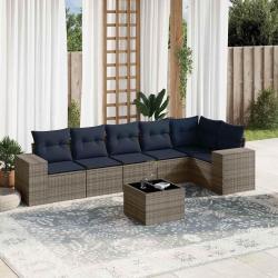 Ensemble de canap&eacute; de jardin 7 pcs avec coussins gris r&eacute;sine tress&eacute;e