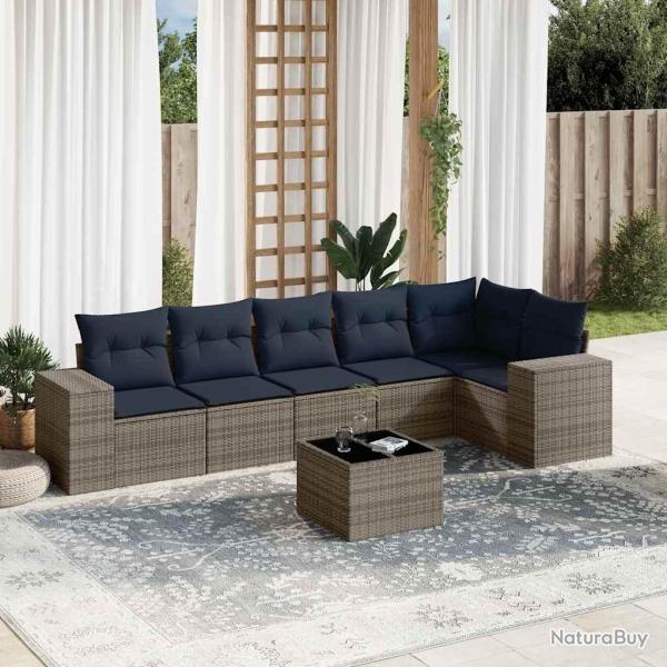 Ensemble de canap� de jardin 7 pcs avec coussins gris r�sine tress�e
