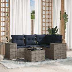Ensemble de canap&eacute; de jardin 5 pcs avec coussins gris r&eacute;sine tress&eacute;e