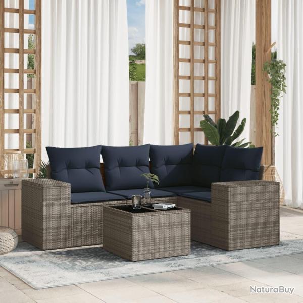 Ensemble de canap� de jardin 5 pcs avec coussins gris r�sine tress�e
