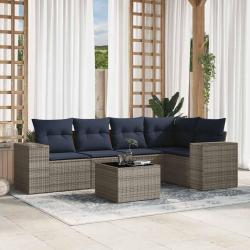 Ensemble de canap&eacute; de jardin 6 pcs avec coussins gris r&eacute;sine tress&eacute;e