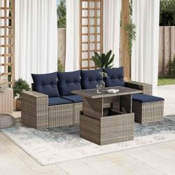 Ensemble de canap&eacute; de jardin 6 pcs avec coussins gris r&eacute;sine tress&eacute;e