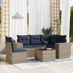 Ensemble de canap&eacute; de jardin 6 pcs avec coussins gris r&eacute;sine tress&eacute;e
