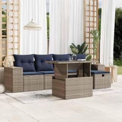 Ensemble de canap&eacute; de jardin 6 pcs avec coussins gris r&eacute;sine tress&eacute;e