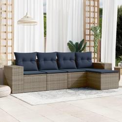 Ensemble de canap&eacute; de jardin 5 pcs avec coussins gris r&eacute;sine tress&eacute;e