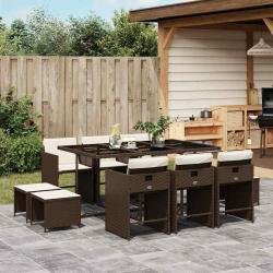 Ensemble &agrave; manger de jardin et coussins 11 pcs marron rotin