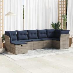Salon de jardin avec coussins 7 pcs gris r&eacute;sine tress&eacute;e
