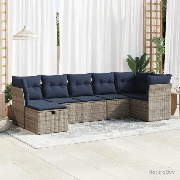 Salon de jardin avec coussins 7 pcs gris r�sine tress�e