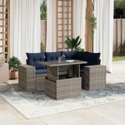 Ensemble de canap&eacute; de jardin 5 pcs avec coussins gris r&eacute;sine tress&eacute;e