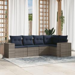 Ensemble de canap&eacute; de jardin 5 pcs avec coussins gris r&eacute;sine tress&eacute;e
