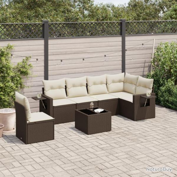 Salon de jardin avec coussins 7 pcs marron r�sine tress�e