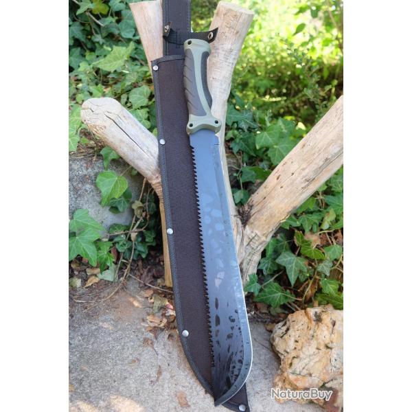 Couteau Bowie Machette Guide d'Amazonie Lame Acier 3Cr13 Manche ABS Black & Green Etui Nylon