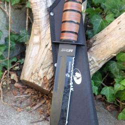 Couteau Tactical Marines Combat Mtech Lame Acier 3Cr13 Serr Black Manche Cuir Etui Style Ka-bar