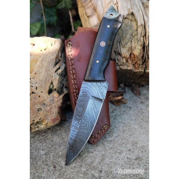 Couteau Skinner Lame Acier Damas 256 Couches Manche Corne Etui Cuir Port Horizon Fabr Artisanale