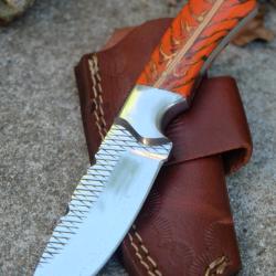 Couteau Skinner Lame Ancienne Scie &agrave; Bois Forg&eacute;e Manche R&eacute;sine Etui Cuir Port Horizon Fab Artisanale