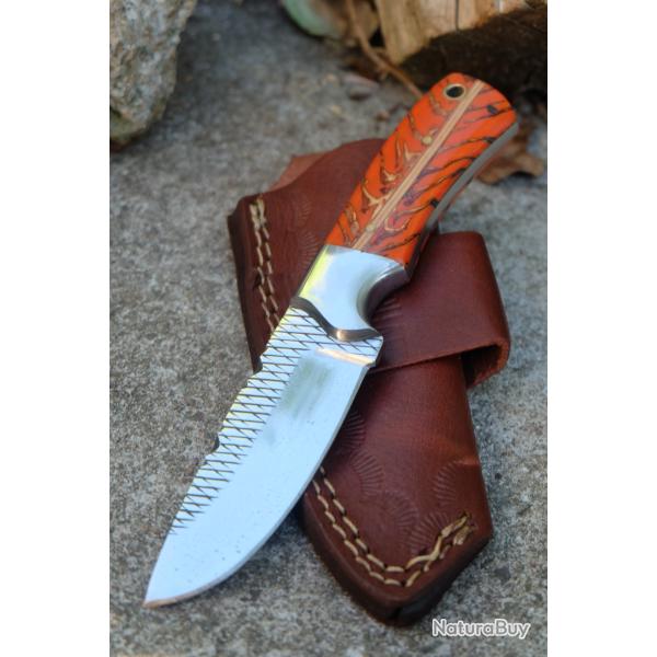 Couteau Skinner Lame Ancienne Scie � Bois Forg�e Manche R�sine Etui Cuir Port Horizon Fab Artisanale