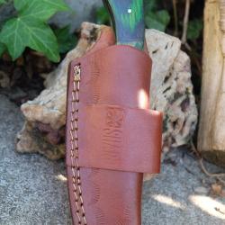 Couteau Skinner Lame Acier Carbone 1055 Manche Bois Green Etui Cuir Port Horizon Fab Artisanale
