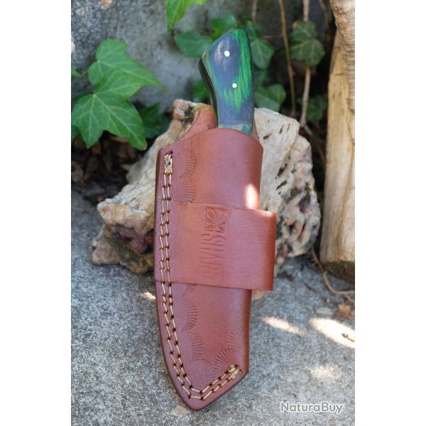 Couteau Skinner Lame Acier Carbone 1055 Manche Bois Green Etui Cuir Port Horizon Fab Artisanale