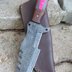 Couteau de Chasse Trakker Damas Lame 256 Couches Manche Bois Arlequin Fabric Artisan Etui Cuir